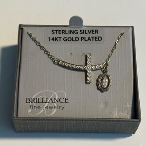 Cross & Virgin Of Guadalupe Charm Necklace 16” Sterling Silver Gold Plated New